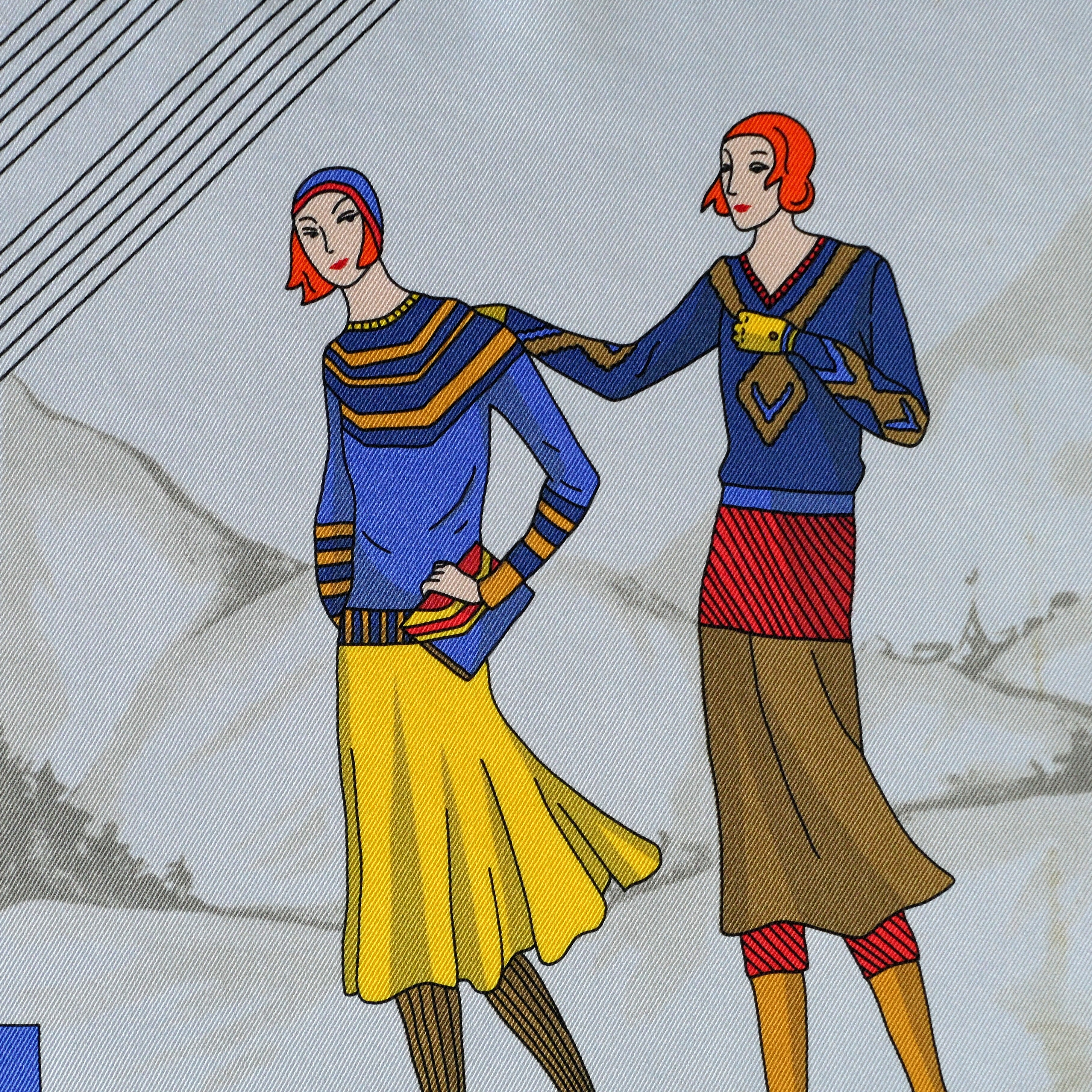Carré Hermès Aux Sports d'Hiver, 70 cm soie, détail des skieuses en pulls jacquard