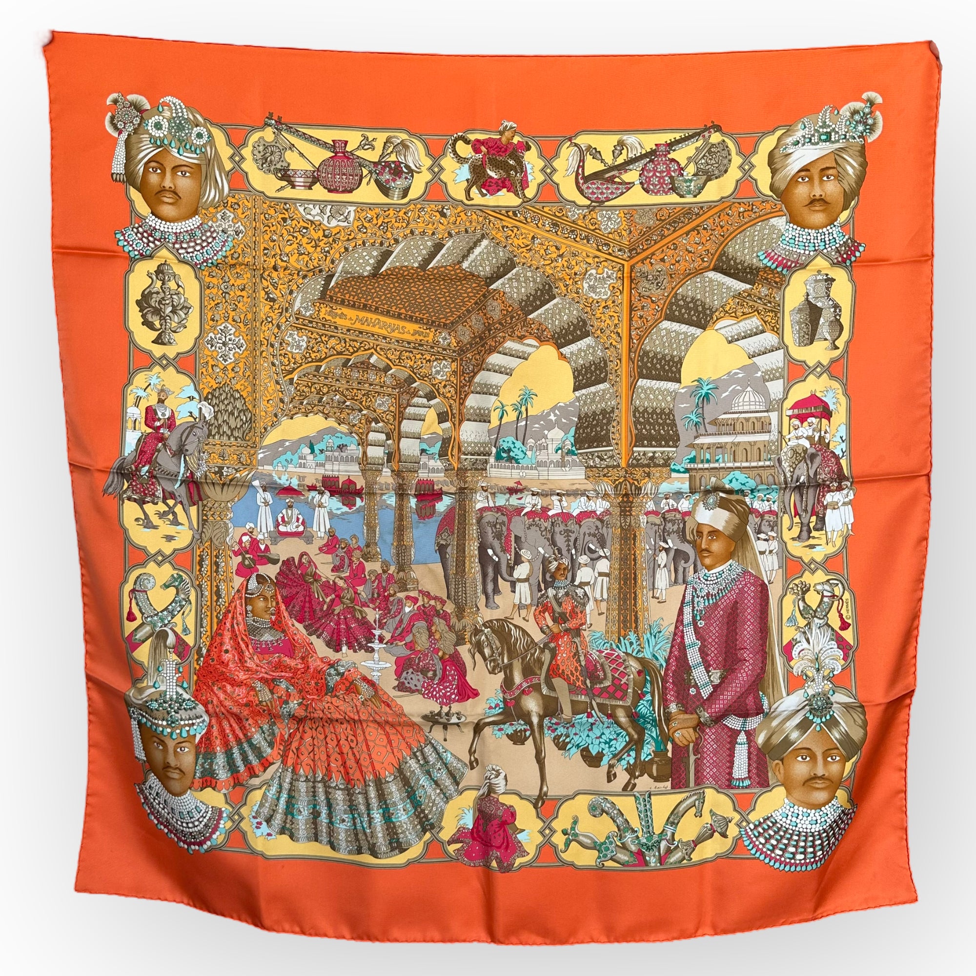 SPLENDEUR-DES-MAHARAJAS-FOULARD-HERMES-1996-DESSINE-PAR-CATHERINE-BASCHET-ORANGE