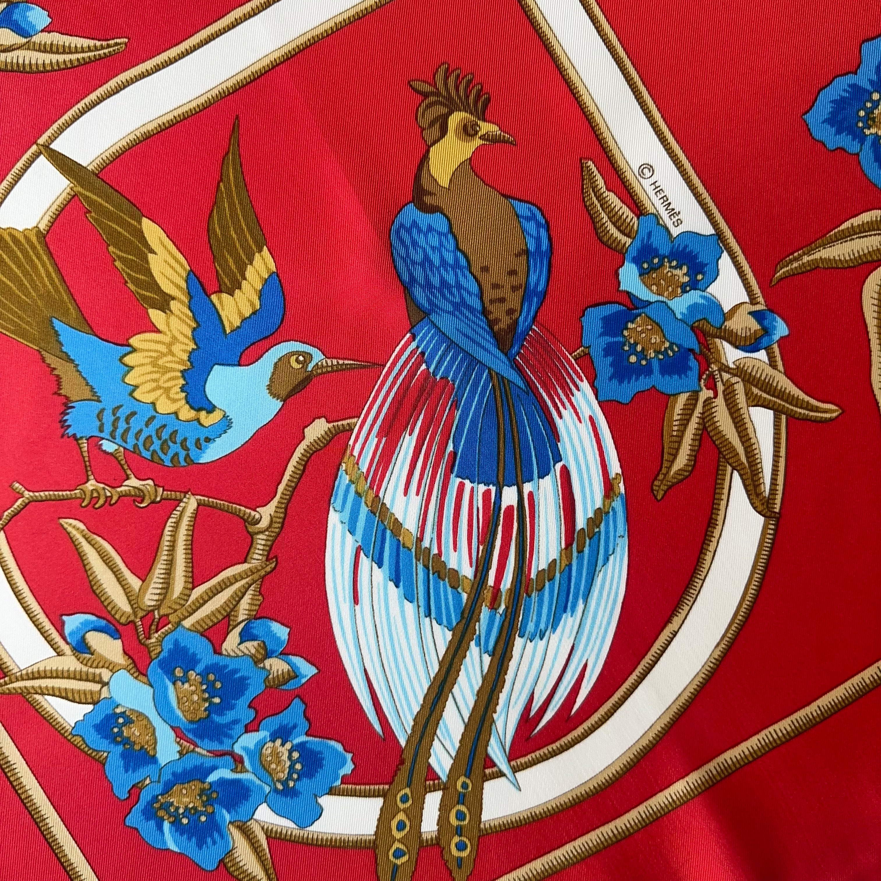 Gros plan sur un oiseau à longue queue (type Quetzal) aux couleurs bleu, blanc et rouge, détail de la finesse du dessin de Vauzelles.