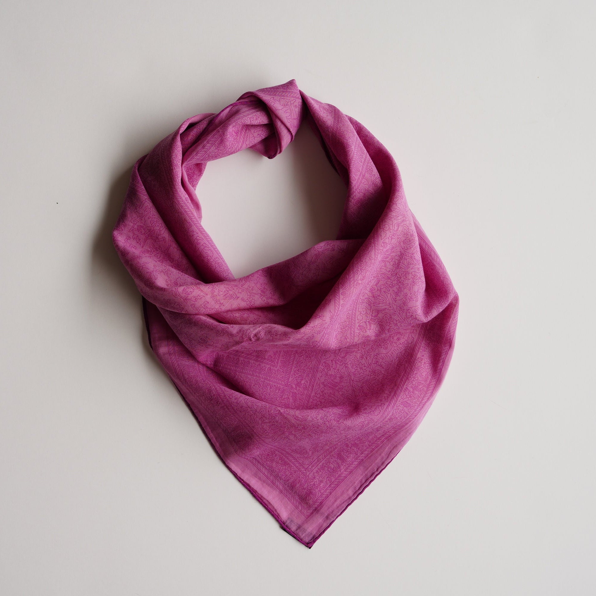 Carré Hermès "Chasses Indiennes" noué en pointe autour du cou, illustrant sa transparence subtile et son chic nonchalant.