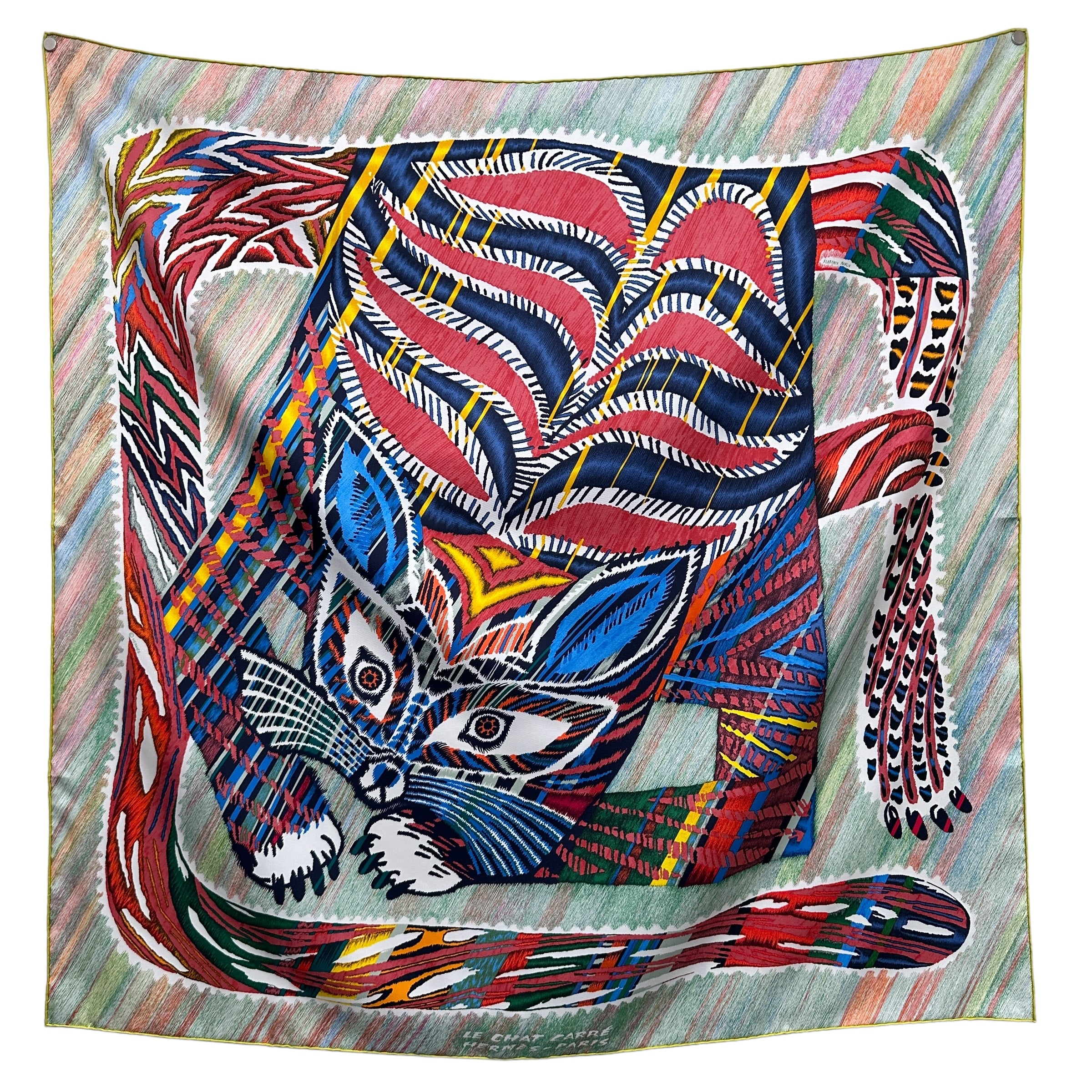 Analyzing image foulard-carre-hermes-le-chat-carre-par-florence-manlik-multicolore-dominante-couleur-verte