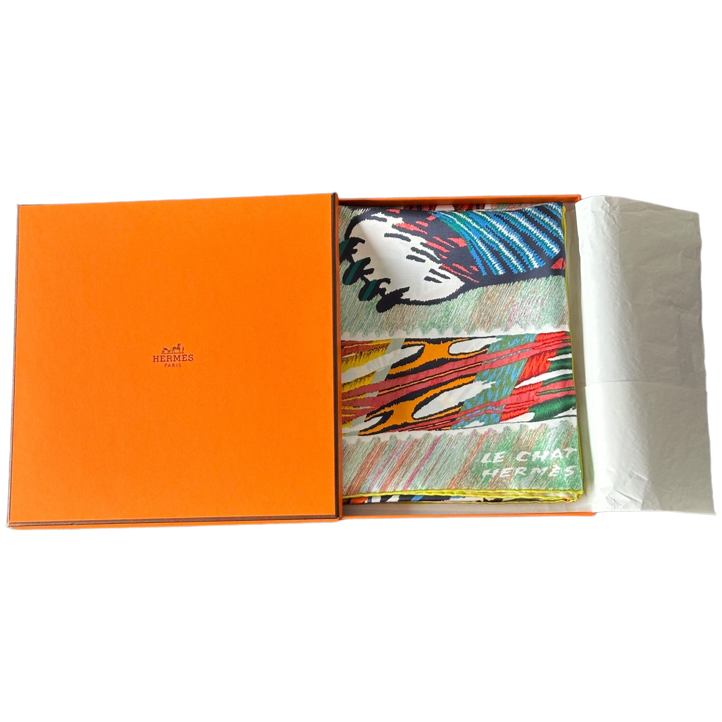 Analyzing image foulard-carre-hermes-le-chat-carre-par-florence-manlik-dans-sa-boite