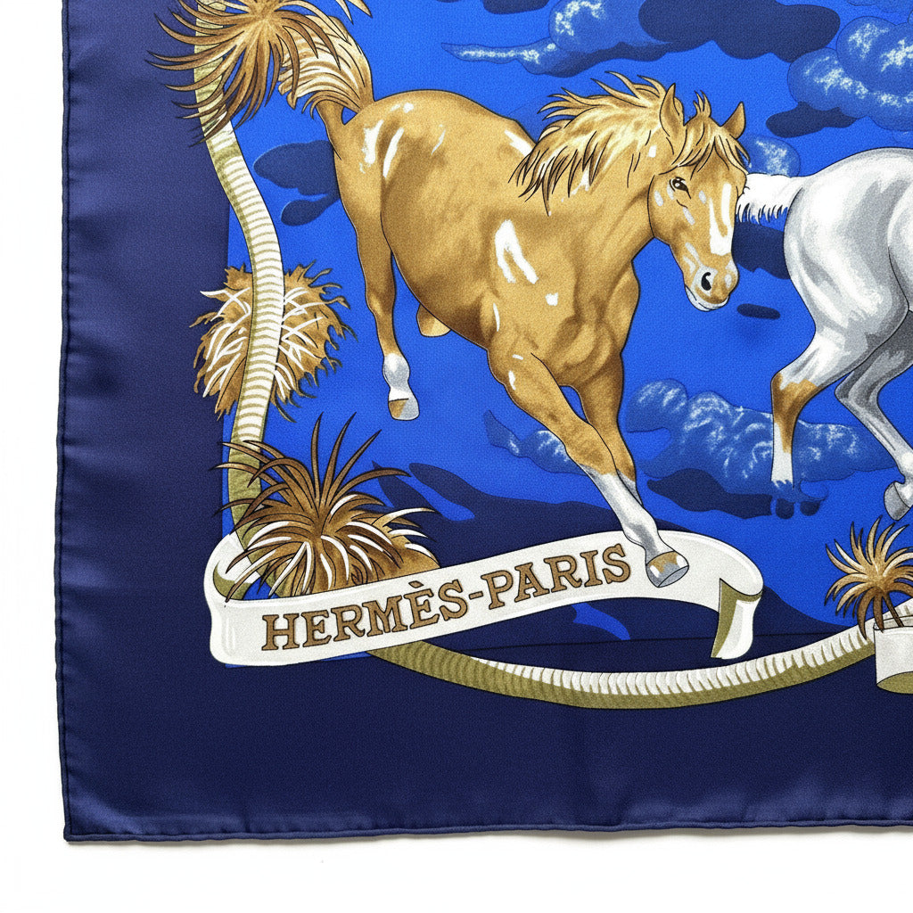 Signature Hermès-Paris sur le châle Les Mustangs 140 cm, détail du coin inférieur.