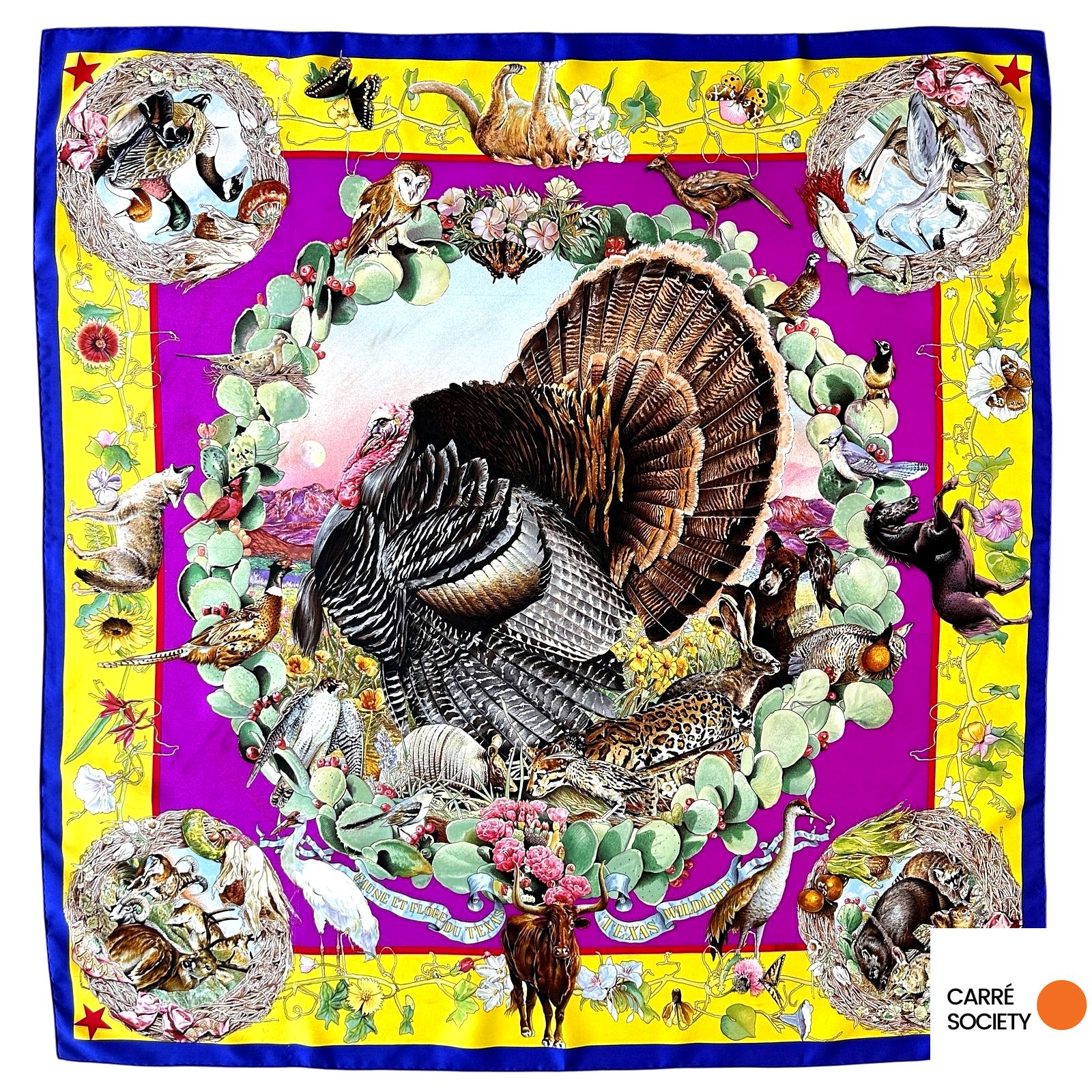Carré Hermès Faune et Flore du Texas 90 cm jaune et violet signé Kermit Oliver