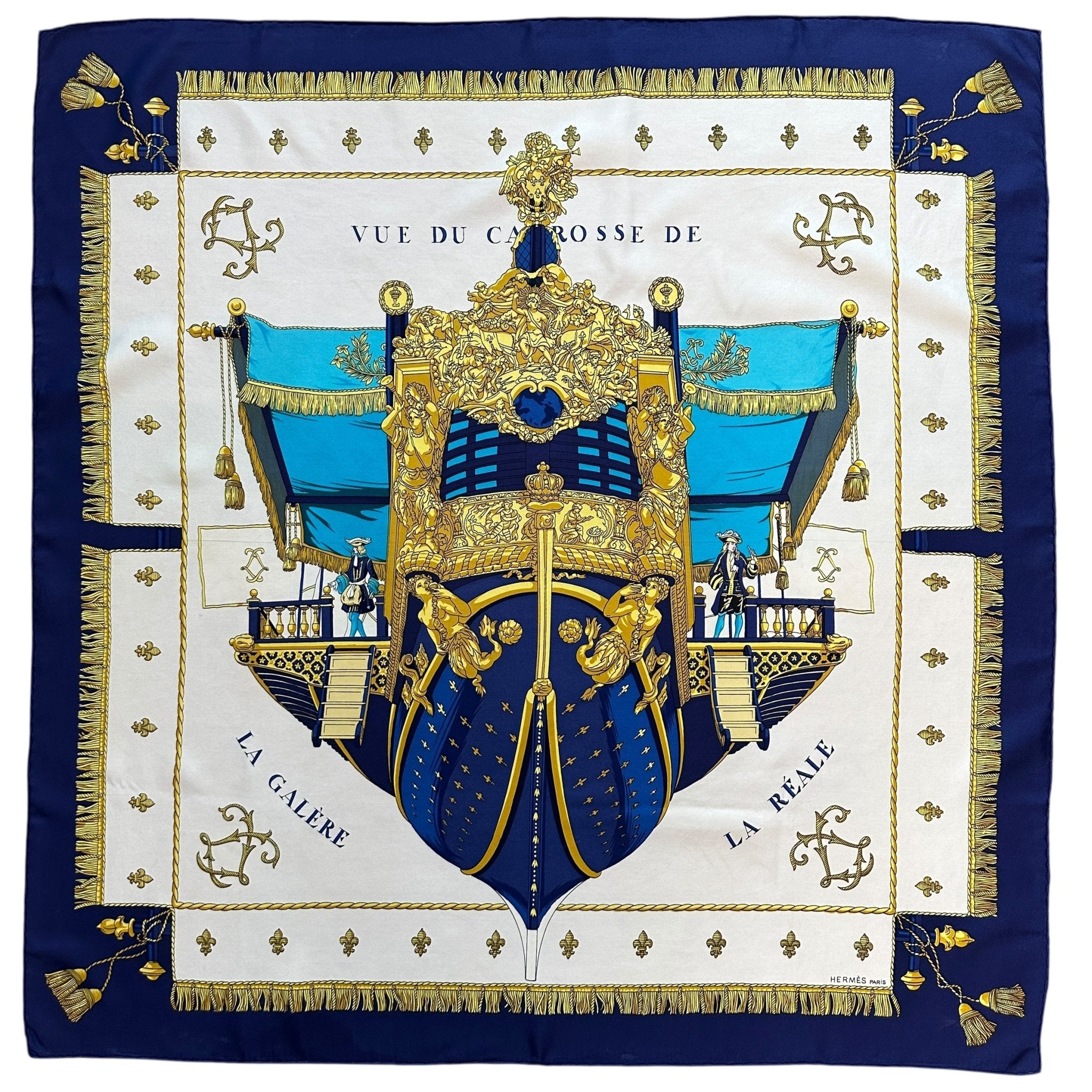 foulard carré hermès la réale bleu marine or sur fond blanc