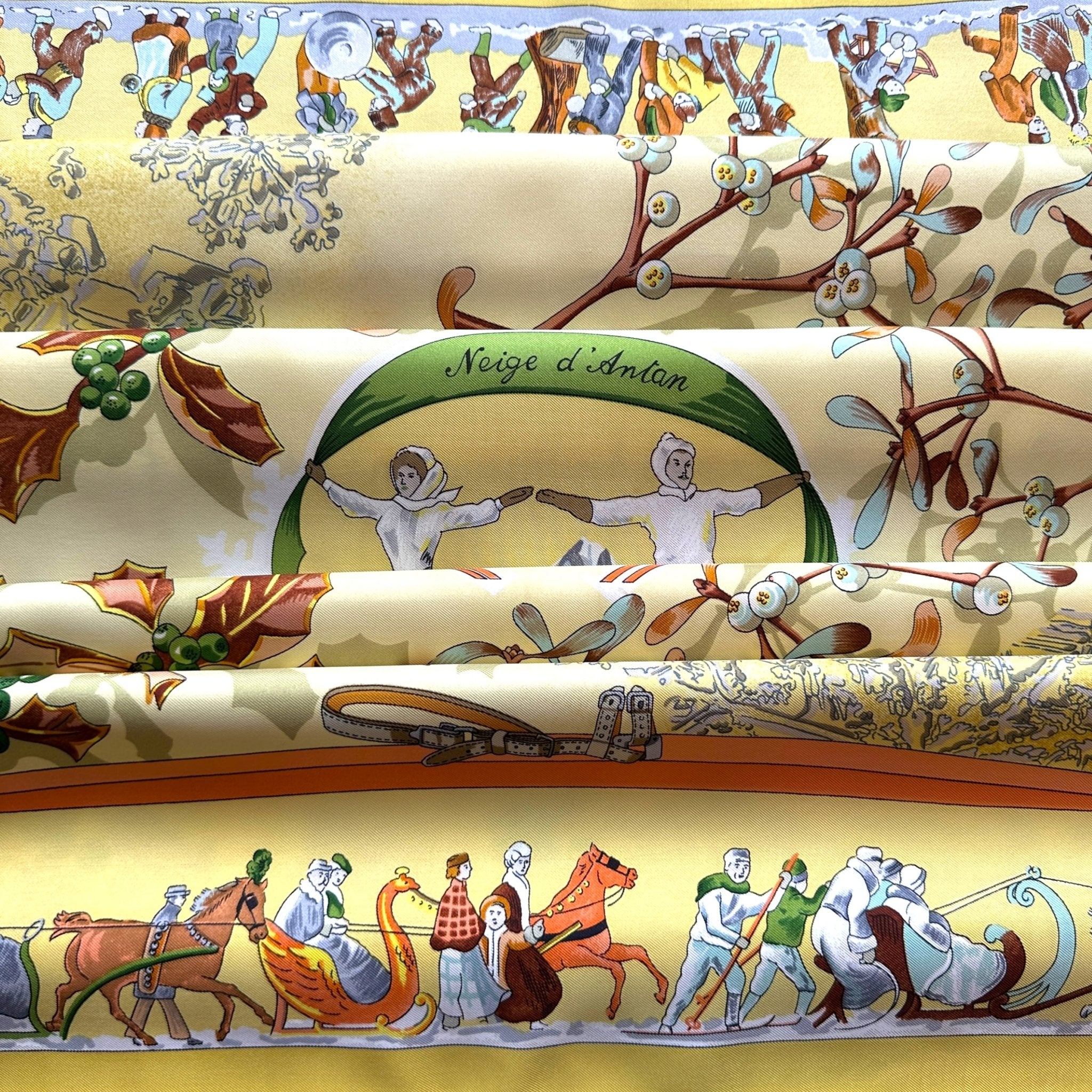 Foulard Hermès Neige d’antan 90 cm – Vue d’ensemble, palette jaune rare et lumineuse