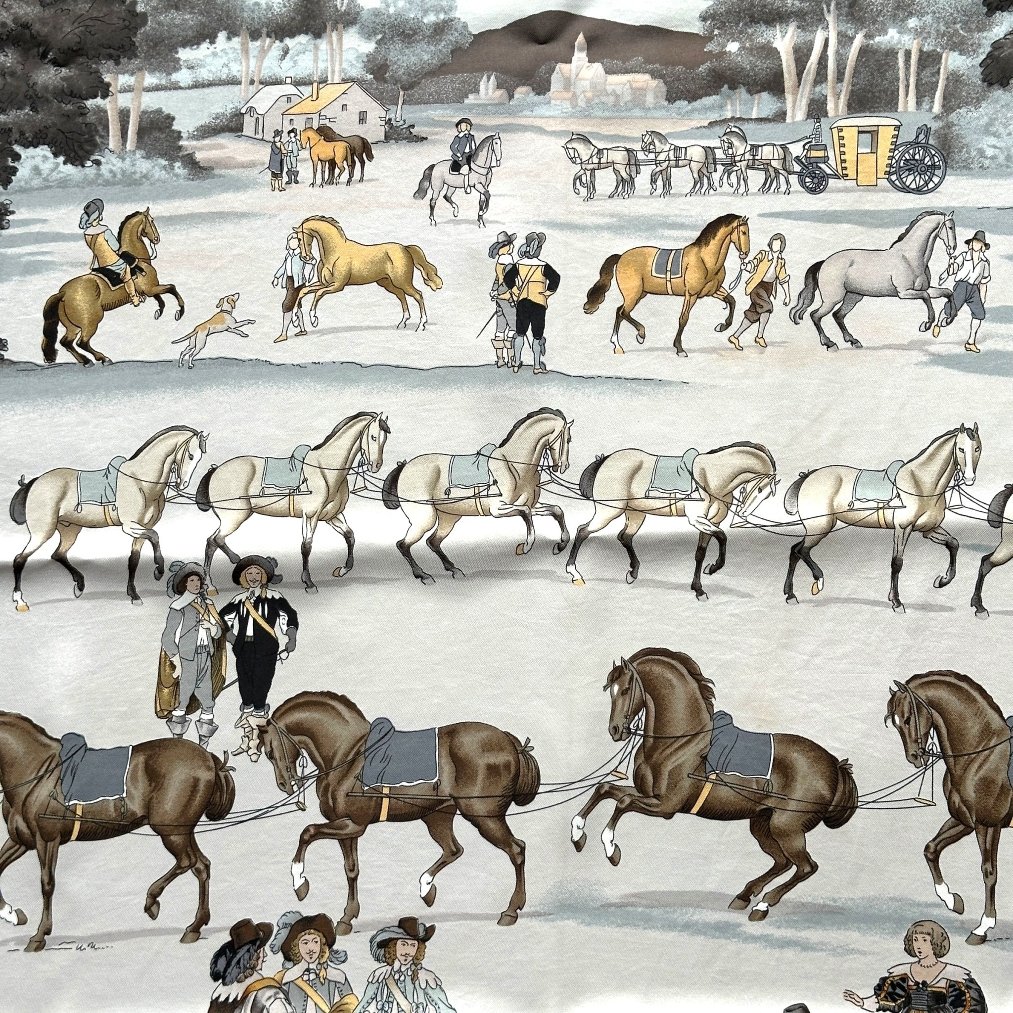 Carré Hermès Présentation de chevaux fond blanc entourage gris