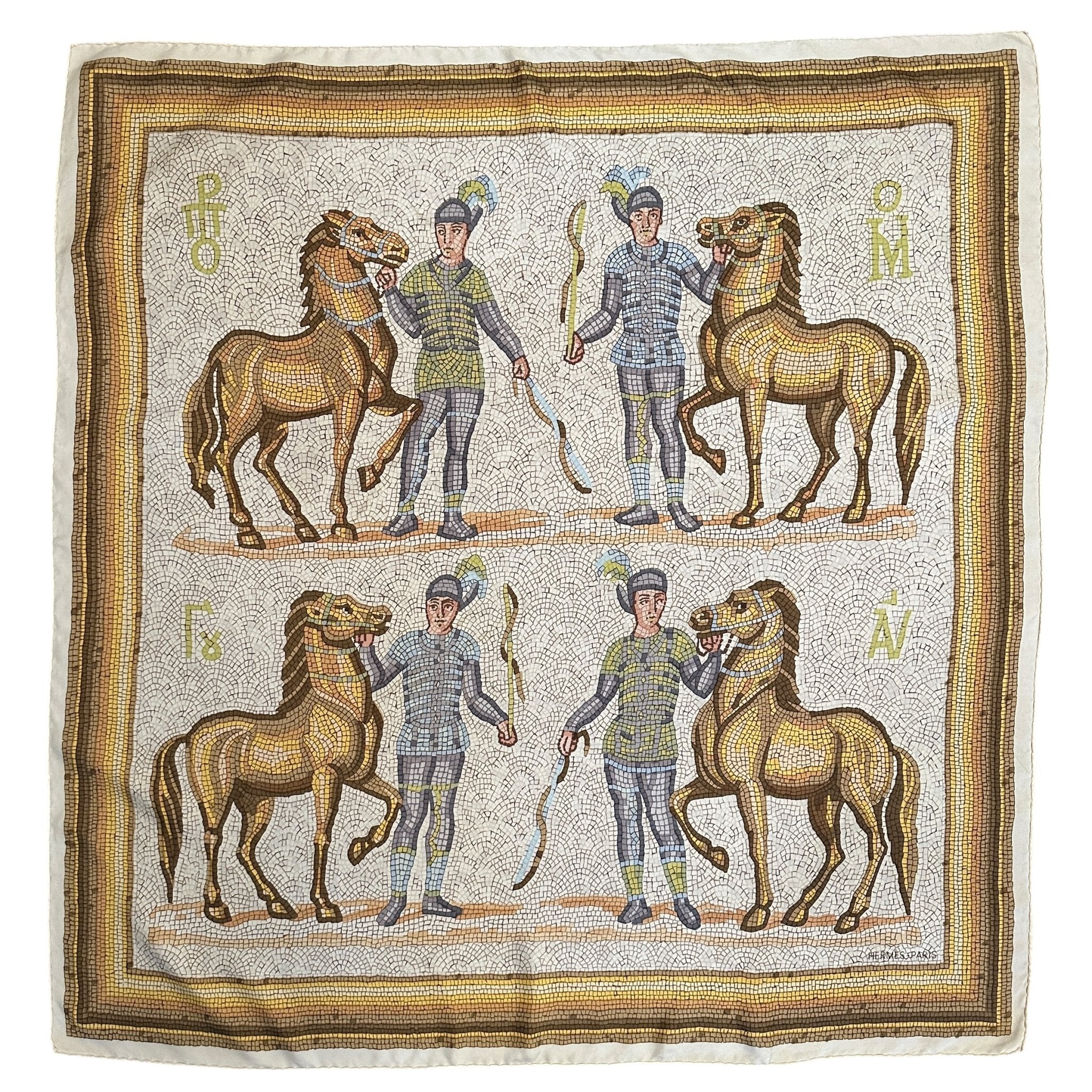 foulard hermes carre de 90 cm couleurs blanc marron et vert